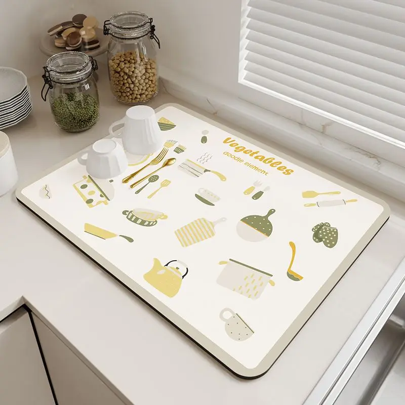 VIKAMA Dish Drainer Mat, Kitchen Countertop Absorbent Quick-Dry Mat with Cookware and Vegetable Print, Home Decor