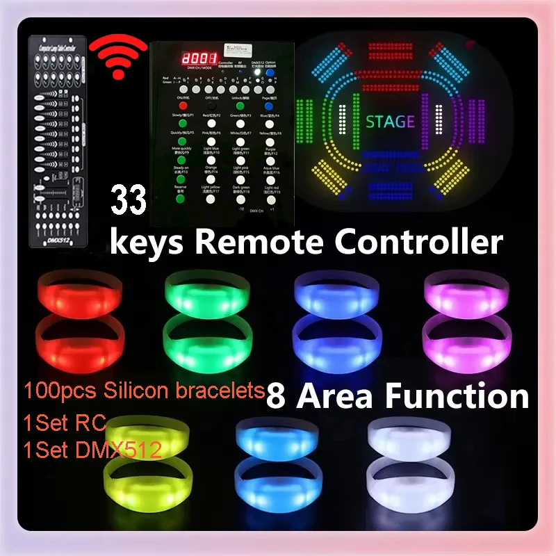 100pcs LED Flash Wristbands, 33 Key Remote, DMX512 RGB TPU Bracelets, Light up Bangles,500m Radius Range, Party Event Supplies