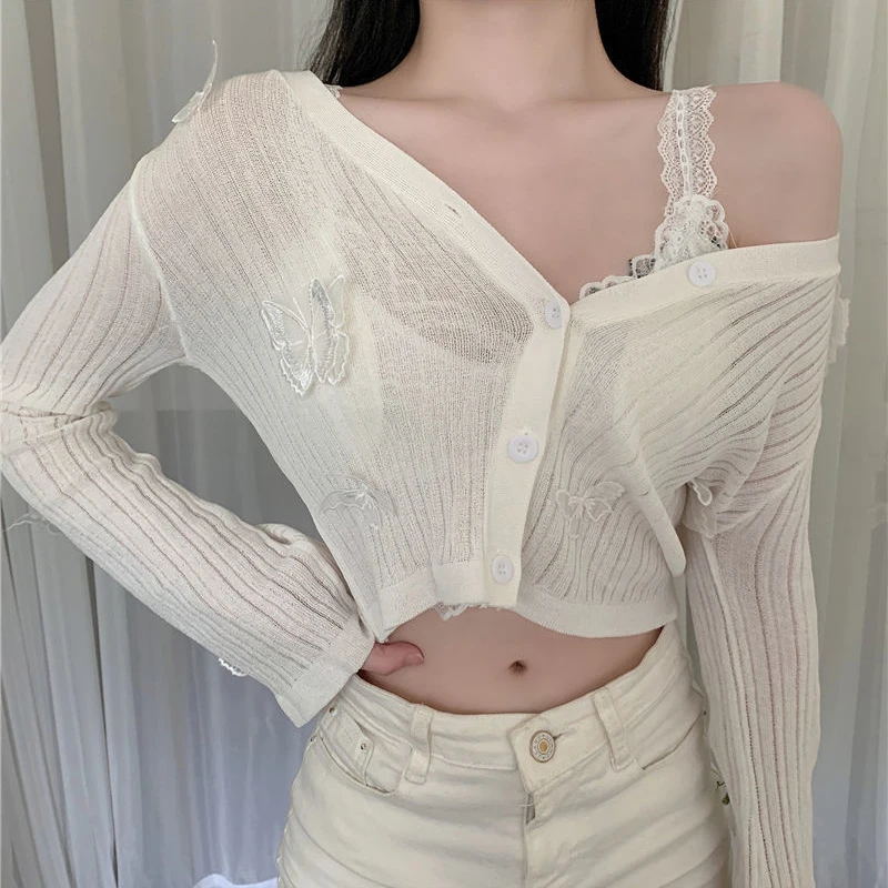 Knitted Cardigan Women 3D Butterfly Summer Thin Long Sleeved Sun-Proof Shirt Fashion Sweetheart Buttons Sexy Cropped Tops