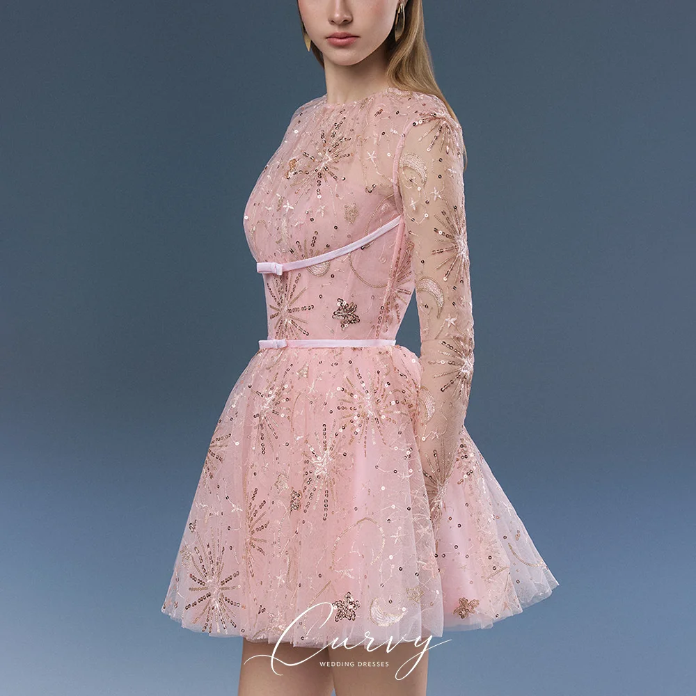 Curvy Romantic Starry Night Style Customized Sheer Long Sleeve Starry Tulle Homecoming Dress for Women 2026
