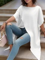Ladies Elegant White Blouse Batwing Sleeve Asymmetrical Hem Loose Fit Tunic - Image 5