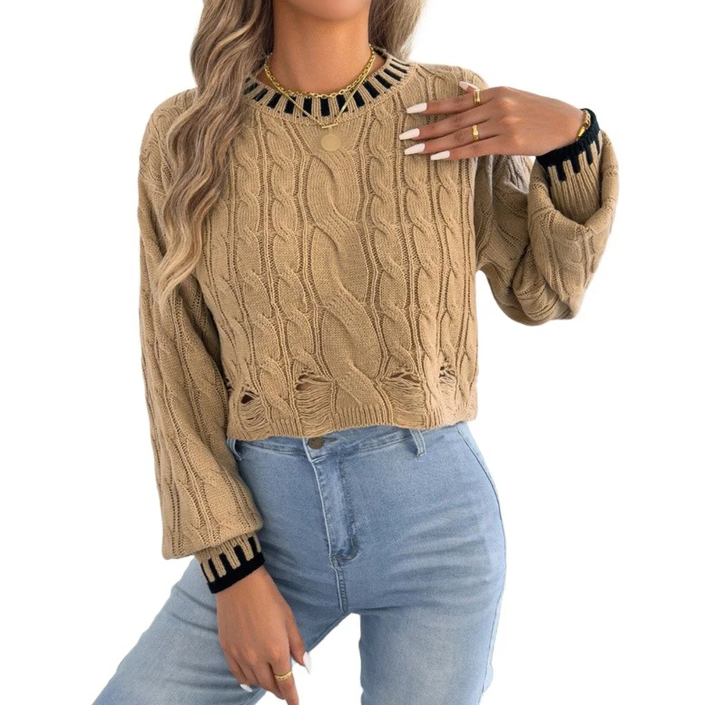 Women Cropped Cable Knit Sweater Long Sleeve with Contrast Stripes and Distressed Design for Seasonal Layering