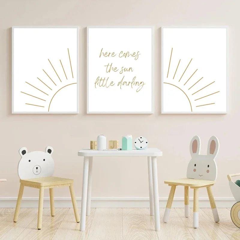 Modern Minimalist Nursery Wall Art Prints, Here Comes the Sun, Quote Poster, Boho Kids Room Decor, Canvas Painting, Baby Shower