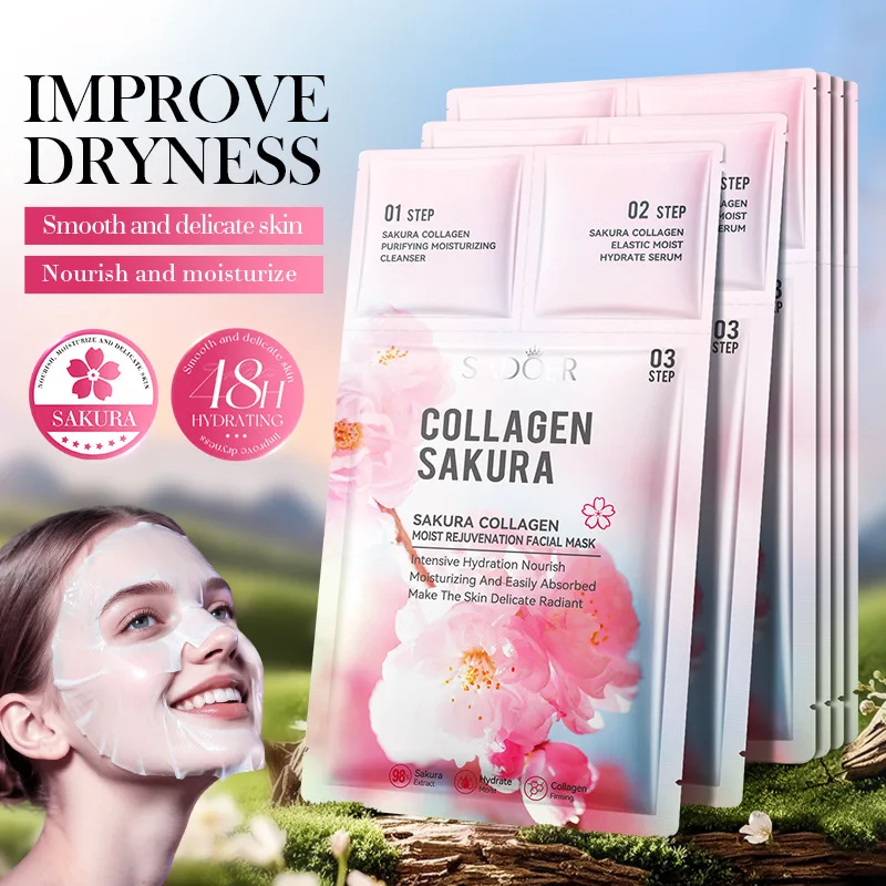 5/10PCs cherry blossom collagen Face Mask Shrink Pores Deep Hydrating Overnight Mask Moisturizing Refreshing Brightening Face
