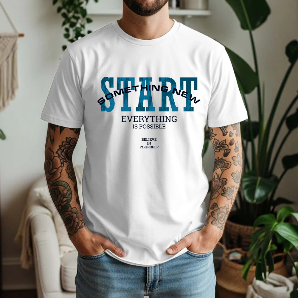 New Summer Mens 100% Cotton T Shirt Start Something New Letter Print Casual Breathable Vintage Short Sleeve For Daily Wear