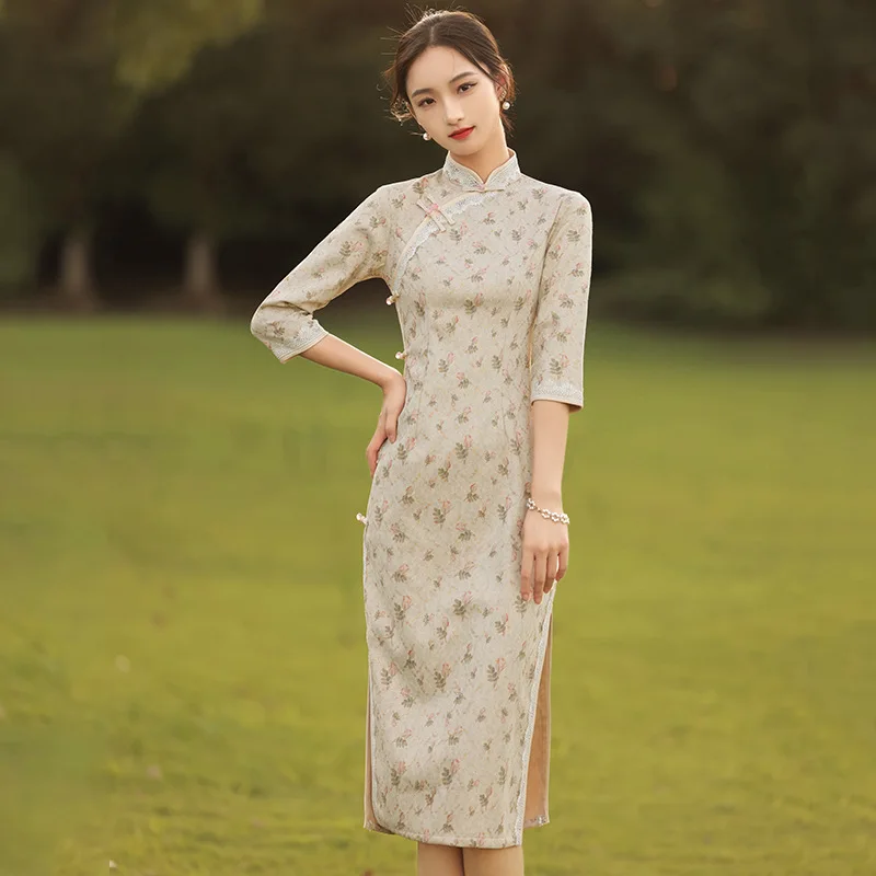 

Old Shanghai Cheongsam Long Dress Daily 2023 Spring New Retro Improved Chinese Style Daily Worn Pattern Embroidery Qipao