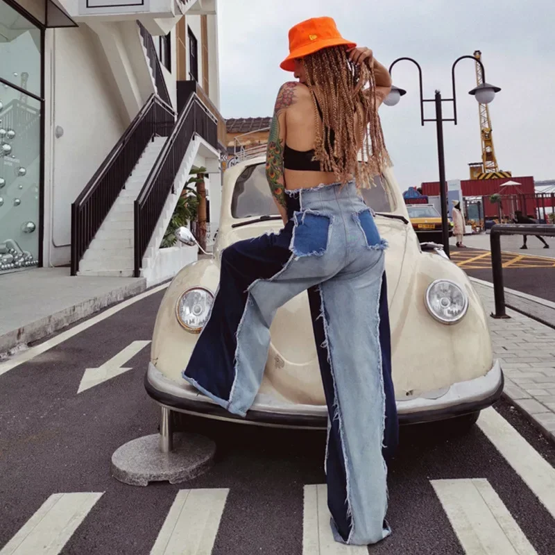 

Full Length High Waist Flare Pants Denim Women Jeans Spliced Loose Washed Pockets Distressed Loose Fit Vintage Punk Style