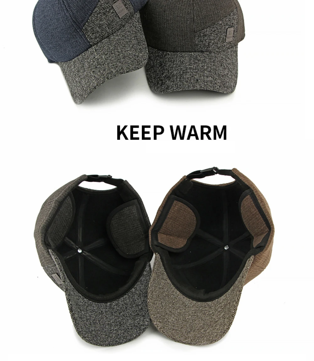 HT5011 Winter-Baseballmütze, dicke, warme, mit Fleece gefütterte Mütze für Männer und Frauen, Woll-Baseballmützen mit Ohrenklappen, verstellbare Vater- und Papa-Mütze – Detail 5