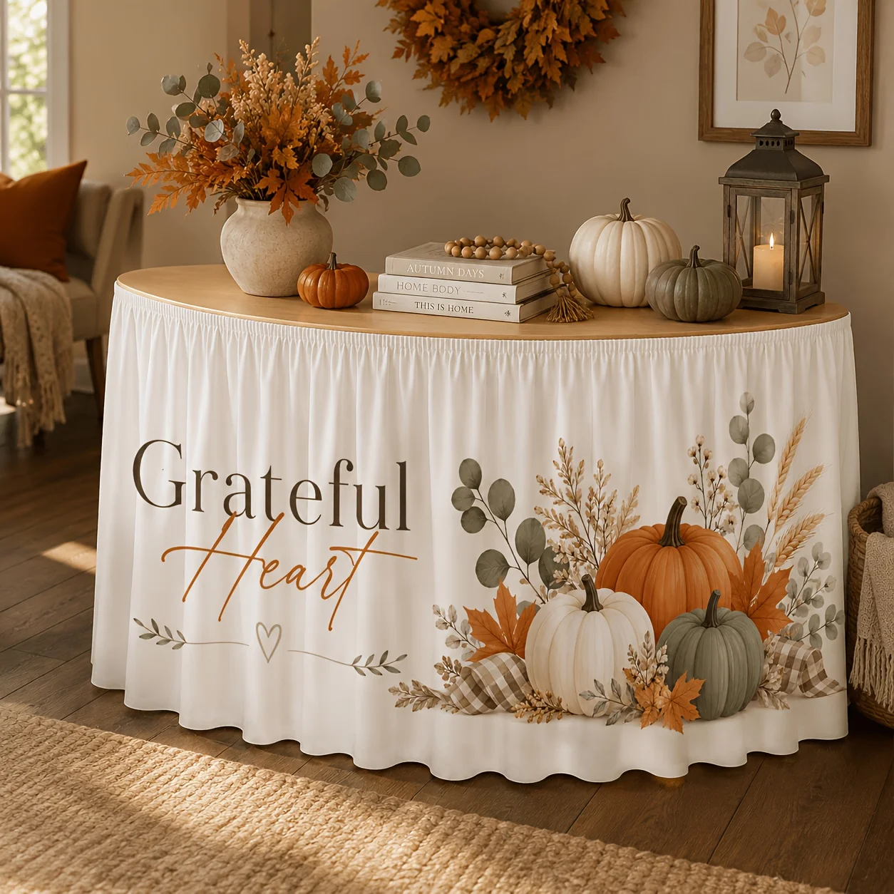 One tablecloth table skirt, Thanksgiving gratitude table cover, orange, white, green pumpkin, eucalyptus, maple leaf patternzyc