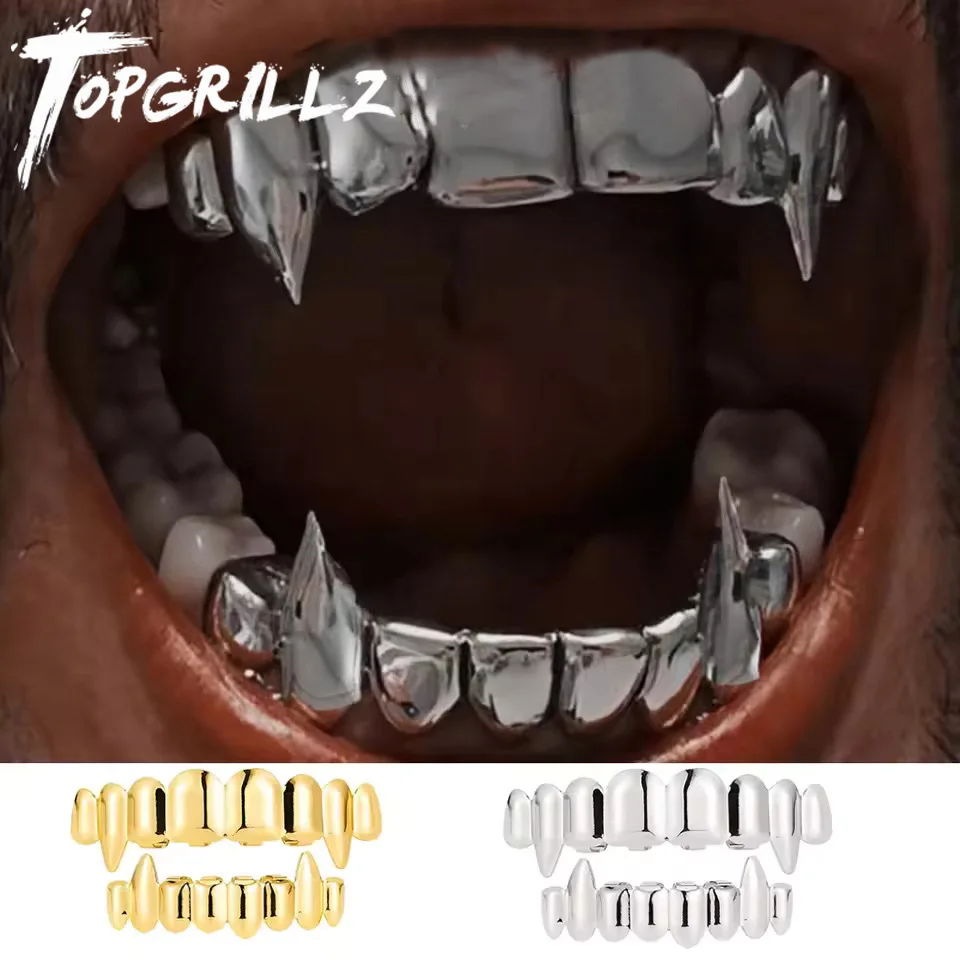 【セール中】TOPGRILLZ ヒップホップ 8/8 ヴァンパイアの牙 光沢のある歯グリルズ 上下の歯キャップ 女性男性用ジュエリー ハロウィンコスプレギフト