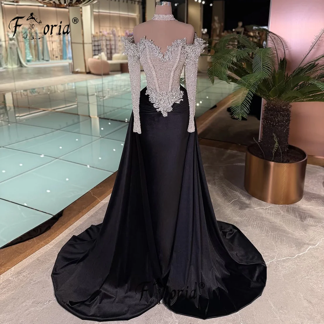 Elegancka czarna suknia balowa z kryształami, aplikacjami 3D, odkryte ramiona, suknia na formalną okazję, szyta na miarę, długa suknia wieczorowa, elegancka.