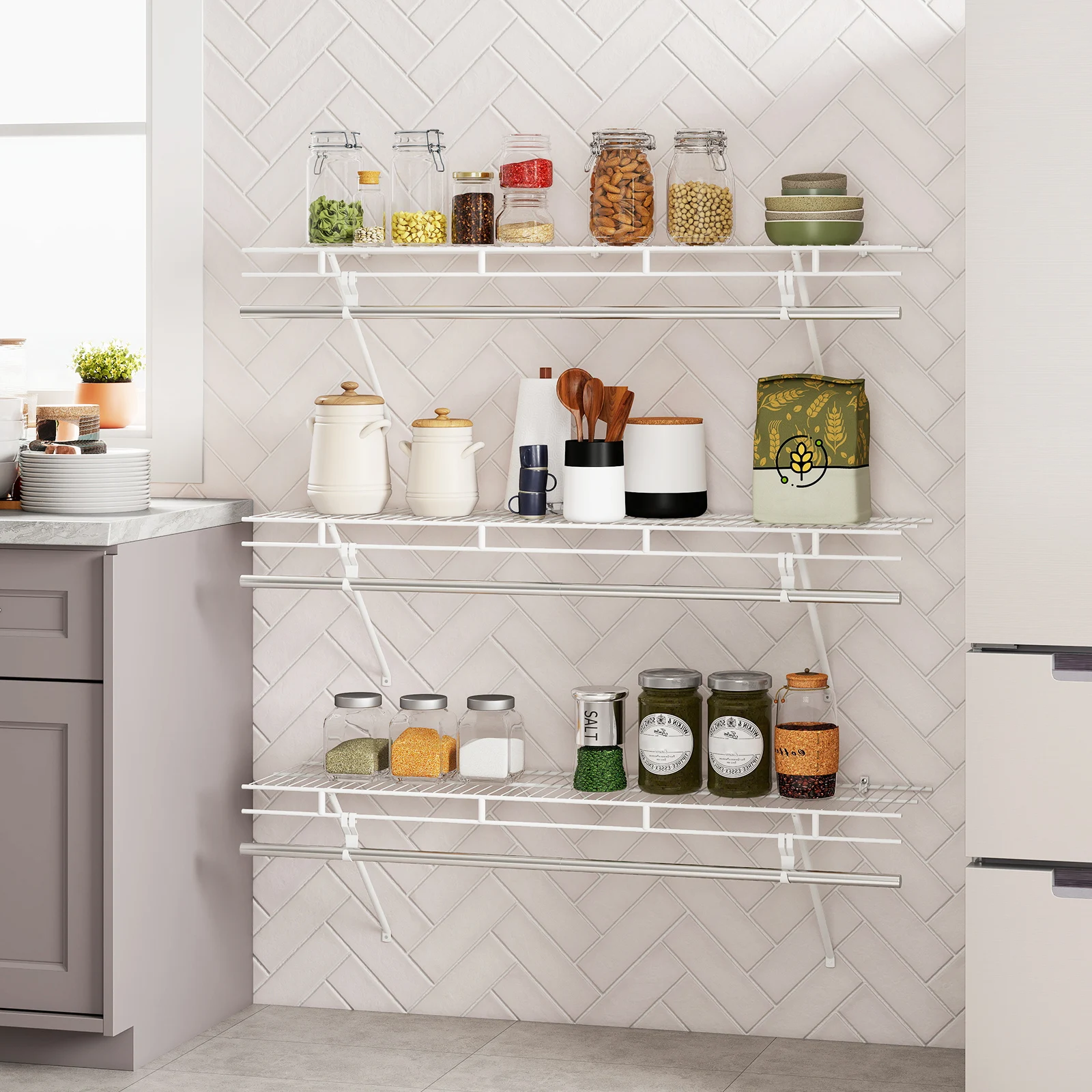4 ft x 12 inch Closet Shelves Wall Mounted w/ Hanging Rod for Laundry Room, White