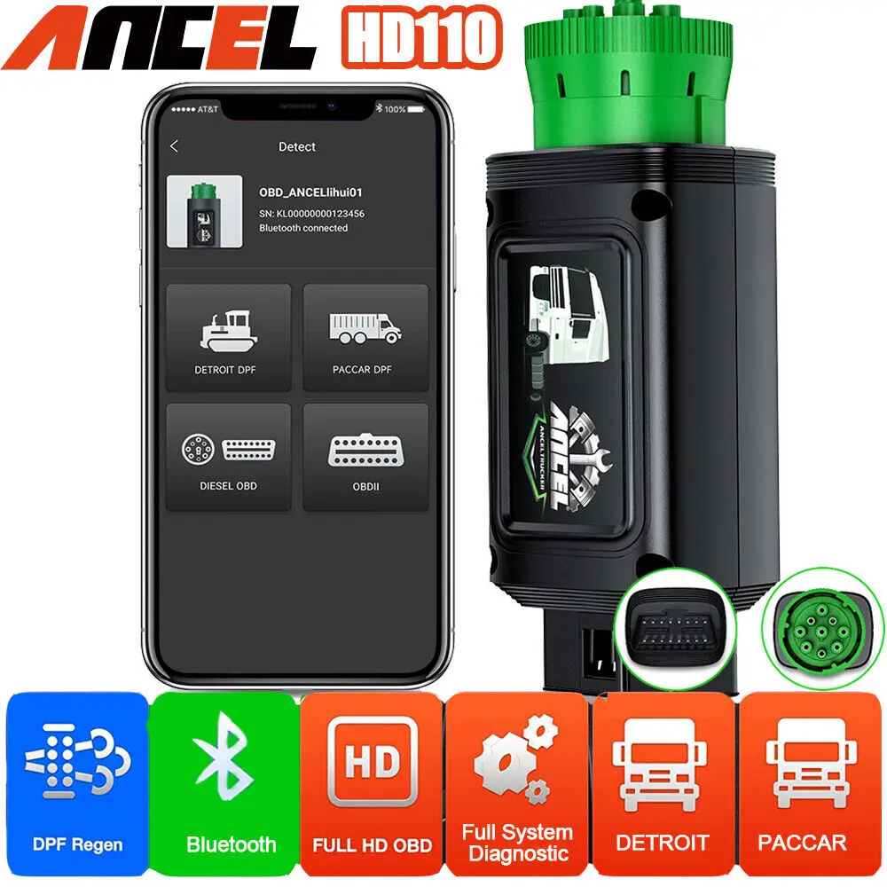 ANCEL HD110 Bluetooth Diesel Heavy Duty Truck Scanner All System for Detroit Paccar Diagnostic Scan Tool 9/12 Pin