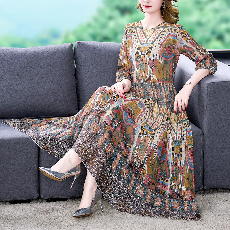 2023 New Fashion Silk Printed Dress Women's Summer Floral Round Neck 3/4 Sleeve Loose Fit Casual Holiday Dress Vestidos