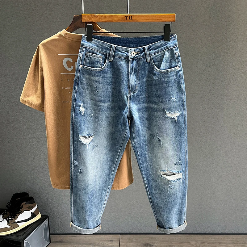 

Ripped Jeans Men New Personality Fashion Vintage Blue Streetwear Baggy Denim Pants Casual Tapered Hole Frayed Trousers Male