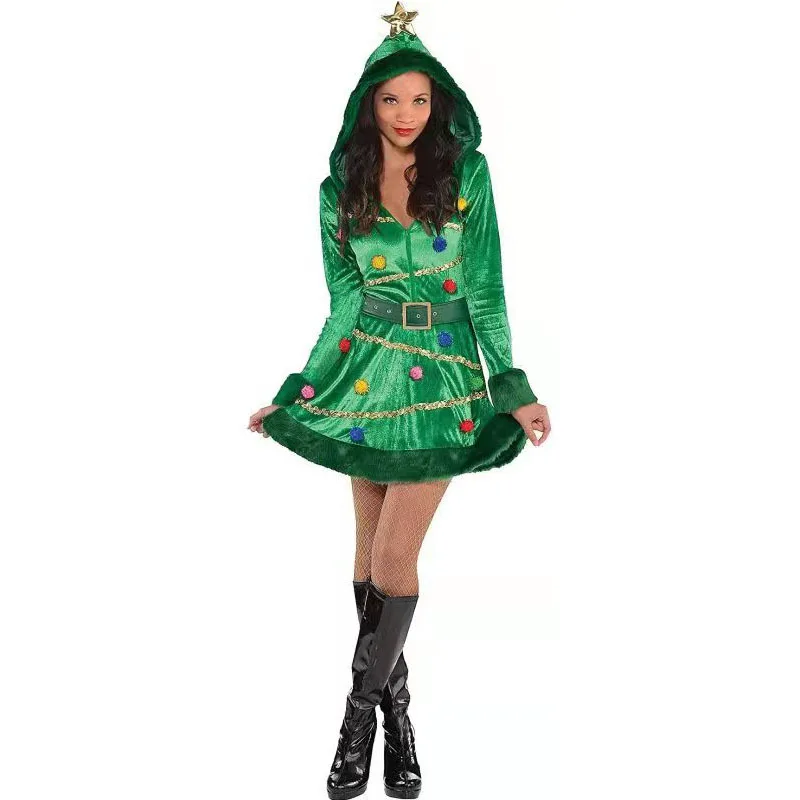 Winter Green Flannel Warm Christmas Hooded Dresses Velvet Lady Santa Claus Costume Women Fancy Dress Xmas New Year Party Dresses