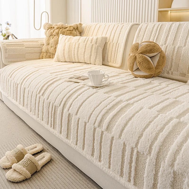 Cream-Style Sofa Cover with Thickened Rabbit Fur Cushion Minimalist Striped Non-Slip Straight-Cut Sofa Cover Fabric