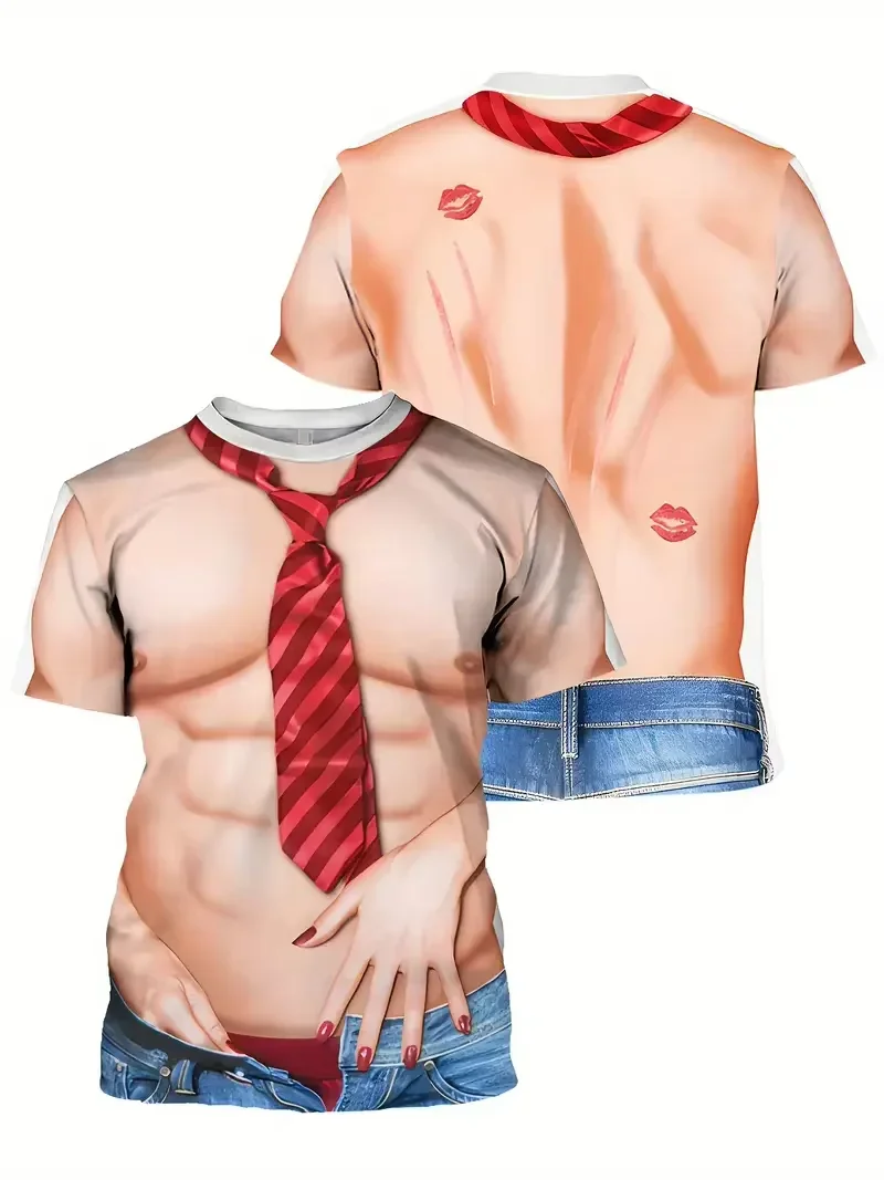 Men 3d Printed Muscle Fake Abs Short Sleeve T-shirt Summer Spring Cosplay Costume Tee Shirts Funny Hairy Chest Graphic T Shirt