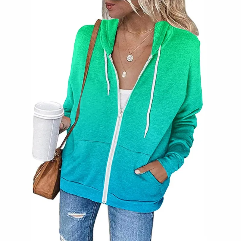 Spring Autumn Women Gradient Color Sweatshirt Coat Hooded Drawstring Long Sleeve Pockets Zipper Placket Halloween Outerwear