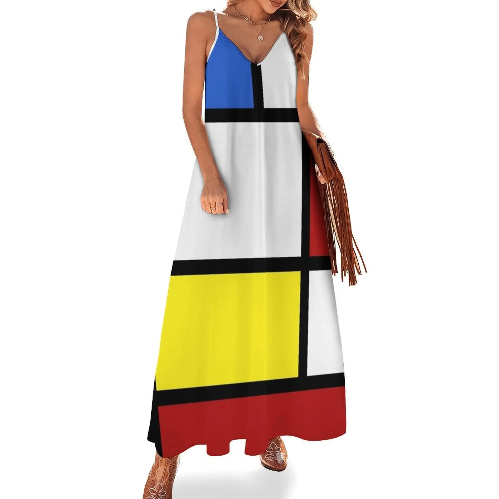 

60's White, red and yellow box pattern Sleeveless Long Dress Woman dresses cute dress Dresses sexy short dresses daring Dress