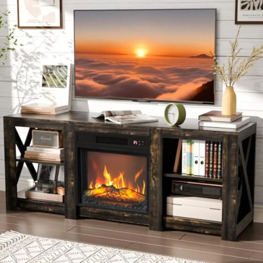 

VINGLI Farmhouse Fireplace TV Stand designed for living room entertainment with electric fireplace heater and adjustable shelve