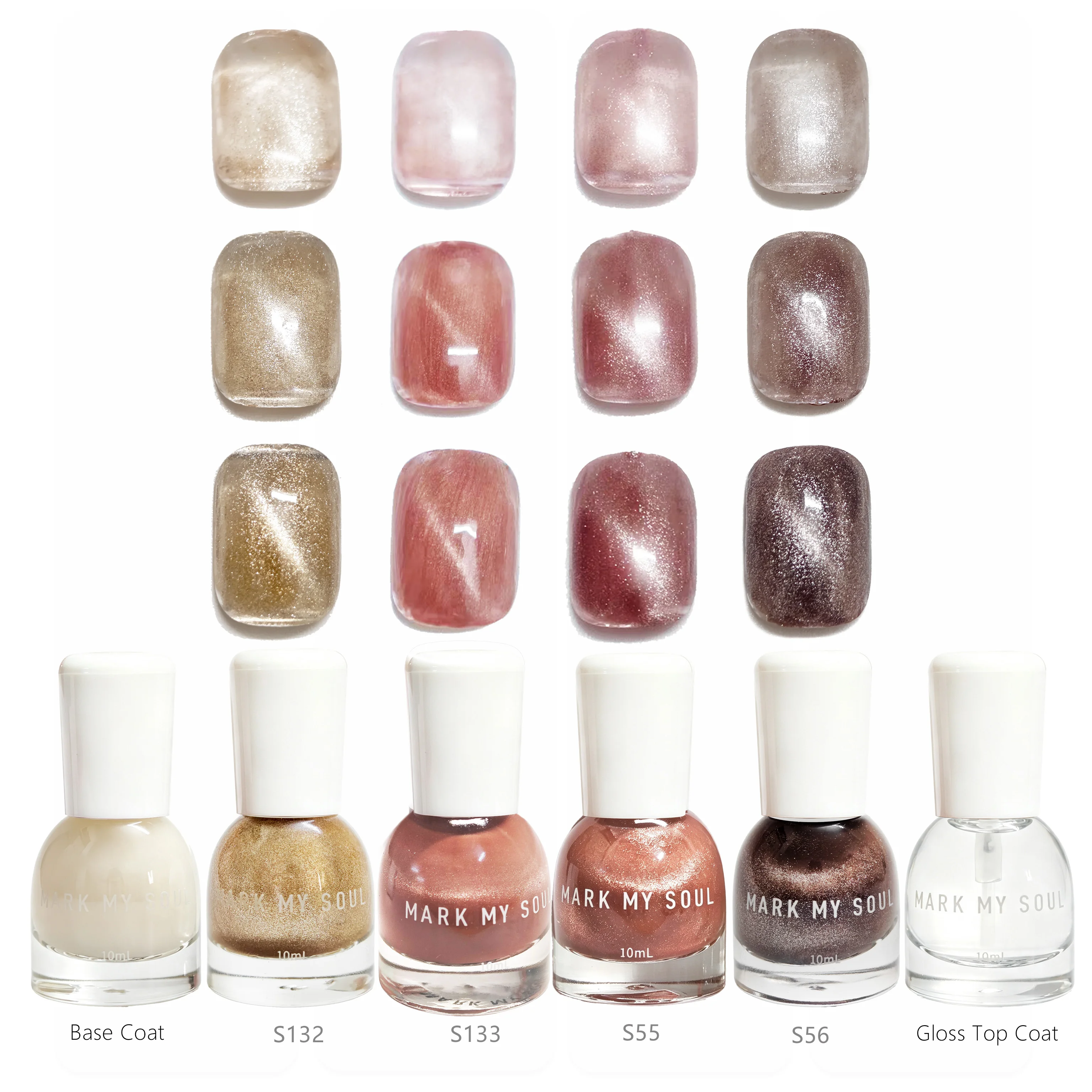 6 Pieces Clear Glass Bead Minimal Nude Cat Eye, MARK MY SOUL No UV Lamp Cat Eye Nail Polish Set, 4 Cat Eye Polishes S133/S55/S13