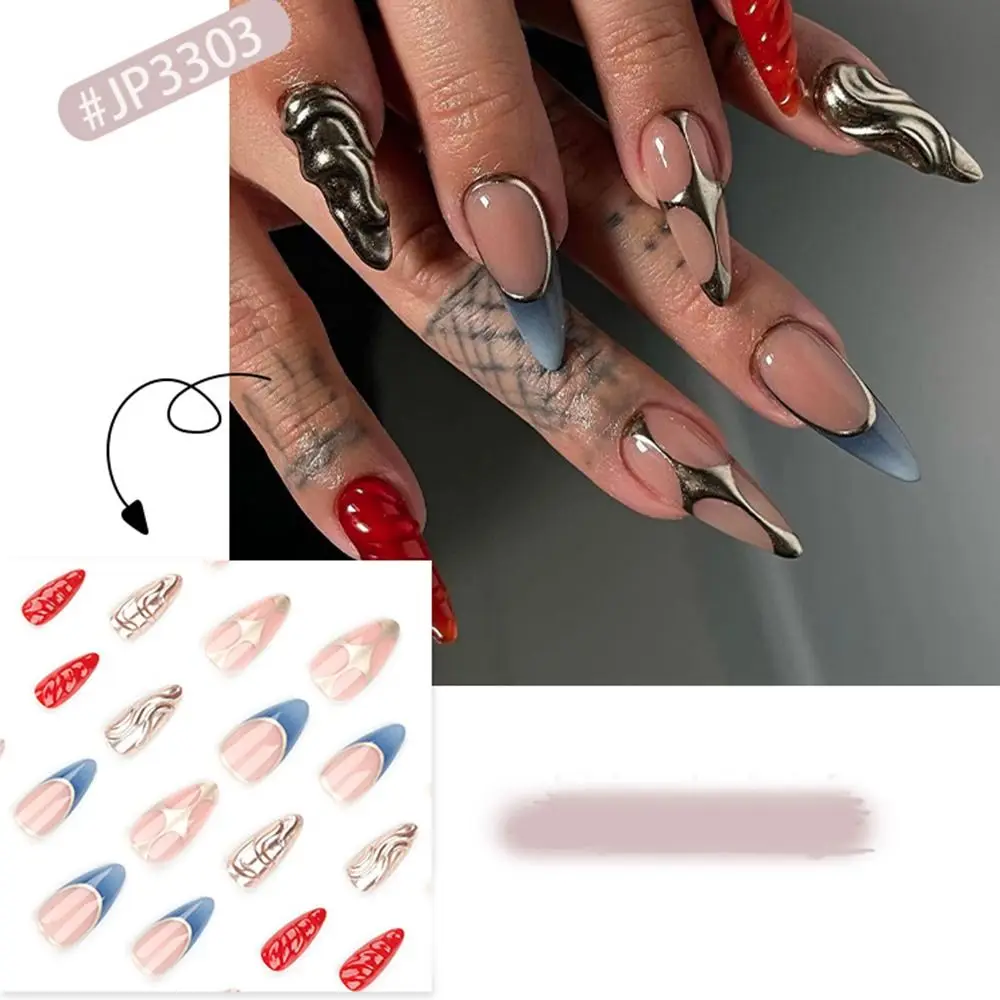 เล็บปลอมทรงอัลมอนด์ยาว ลายหัวใจและดอกไม้ กดติดง่าย แบบถอดได้ สำหรับผู้หญิง