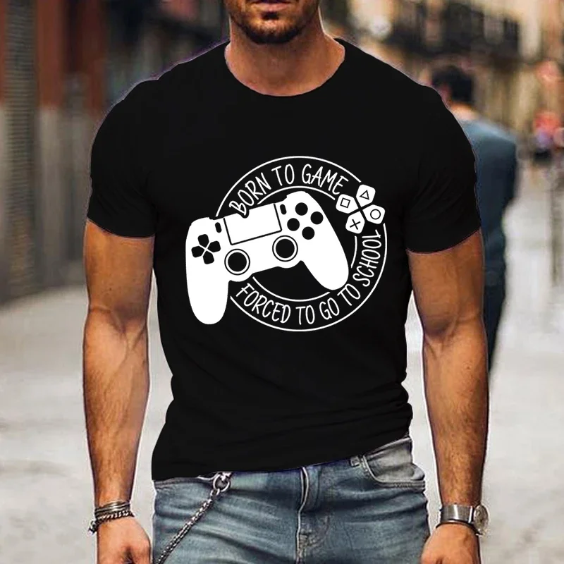 Born To Game Forced To Go To School Printing T-shirt Men Loose Casual Fashion Tops Video Games Brand Short Sleeve Street Tshirt