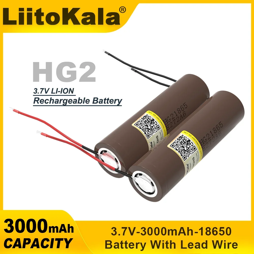 LiitoKala nuevo HG2 18650 3000mAh batería recargable 3,7 V/3,6 V descarga 20A dedicado para baterías hg2 + Cable DIY
