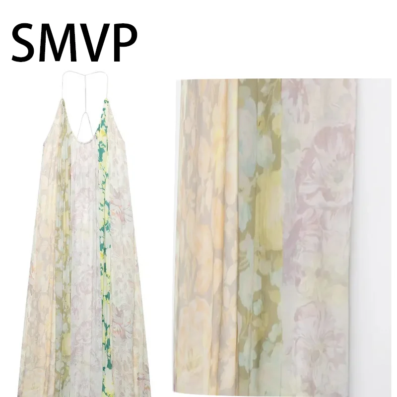 SMVP New Fashion 2025 Spring Summer Dress Casual Chic Women Dress Patchwork Cami Sleeveless Backless Loose Long Vestidos
