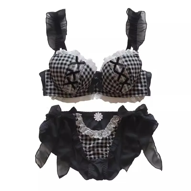 Black Plaid Plus Size Lolita Japanese Underwear Girl Sexy Cute Underwire Bra Set