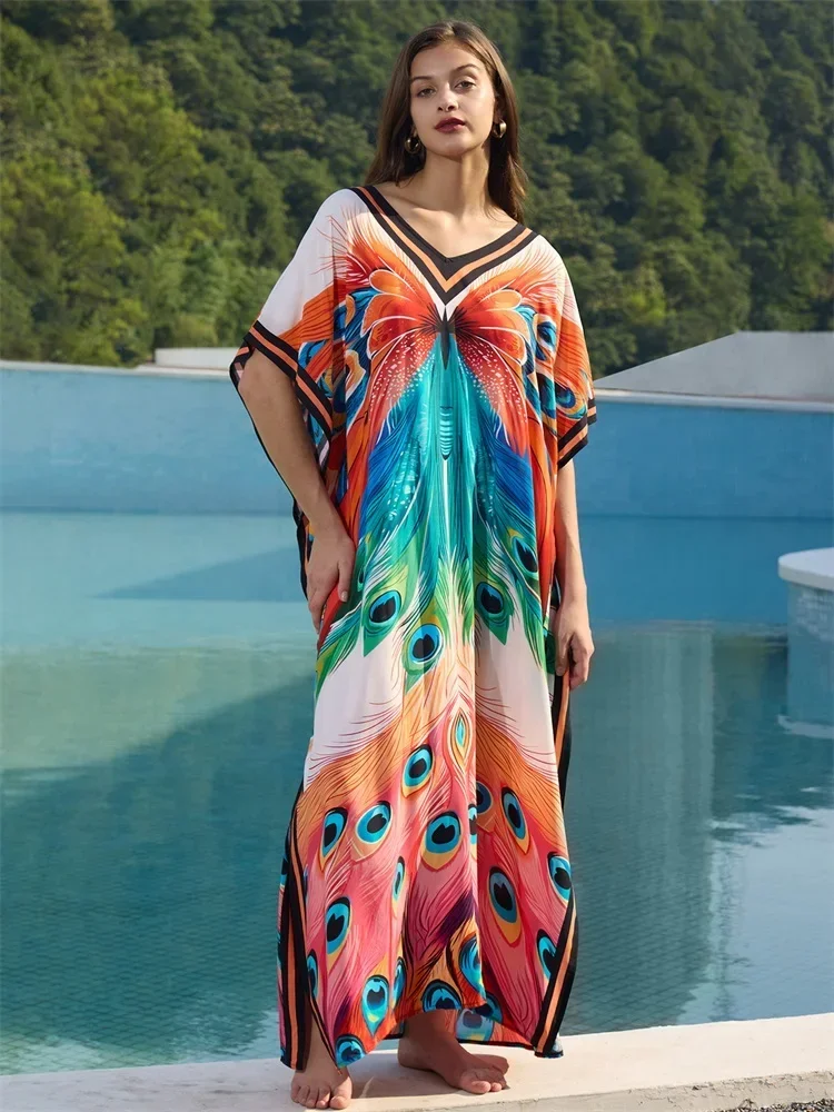 Plus Size Women's Butterfly Peacock Printed Kaftan 2024 V Neck Loose Side Split Beach Dress Swimsuit Cover Up House Robe Q1674