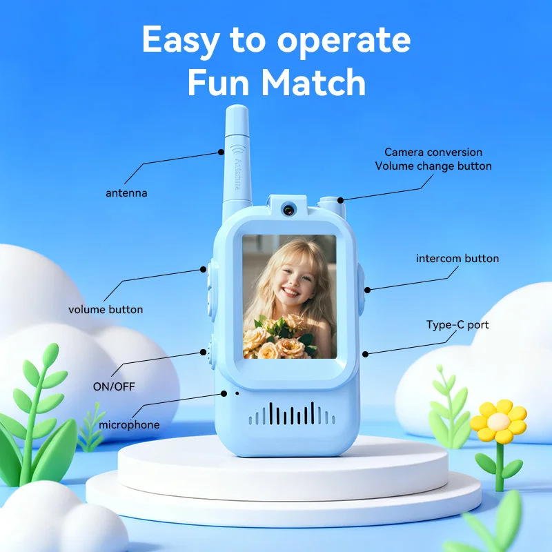 Video Walkie Talkies for Kids 2 Pack Rechargeable Intercom Walkie-talkie Cute 2 Inch Screen One-Click Call Child Video Intercom