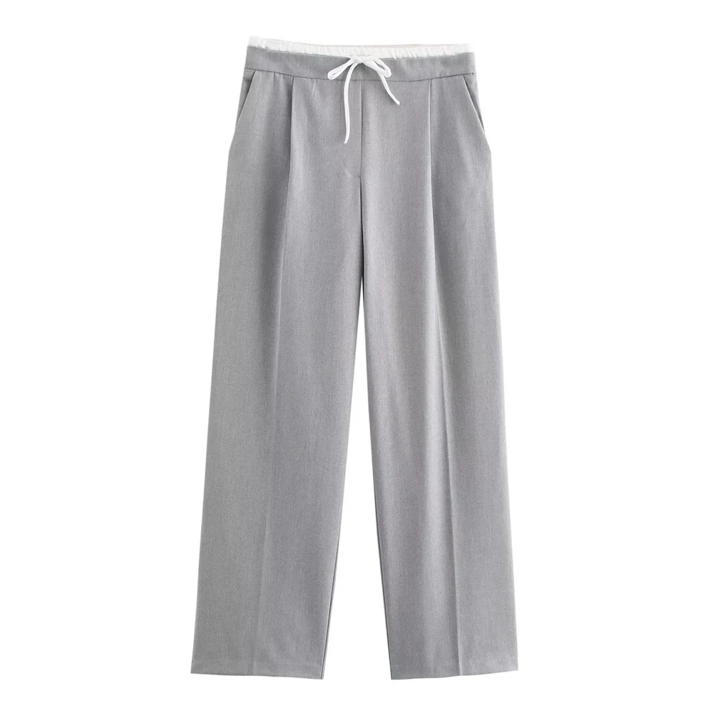 Outono novo produto feminino rendas até dobrado cintura alta tubo reto emenda dupla camada cintura calças largas perna