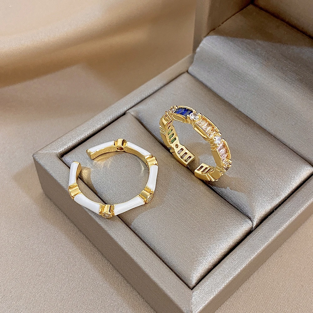 Bohemian Colorful Zircon Enamel Open Ring for Women Vintage Copper Metal Golden Geometric Adjustable Ring Banquet Jewelry Gift
