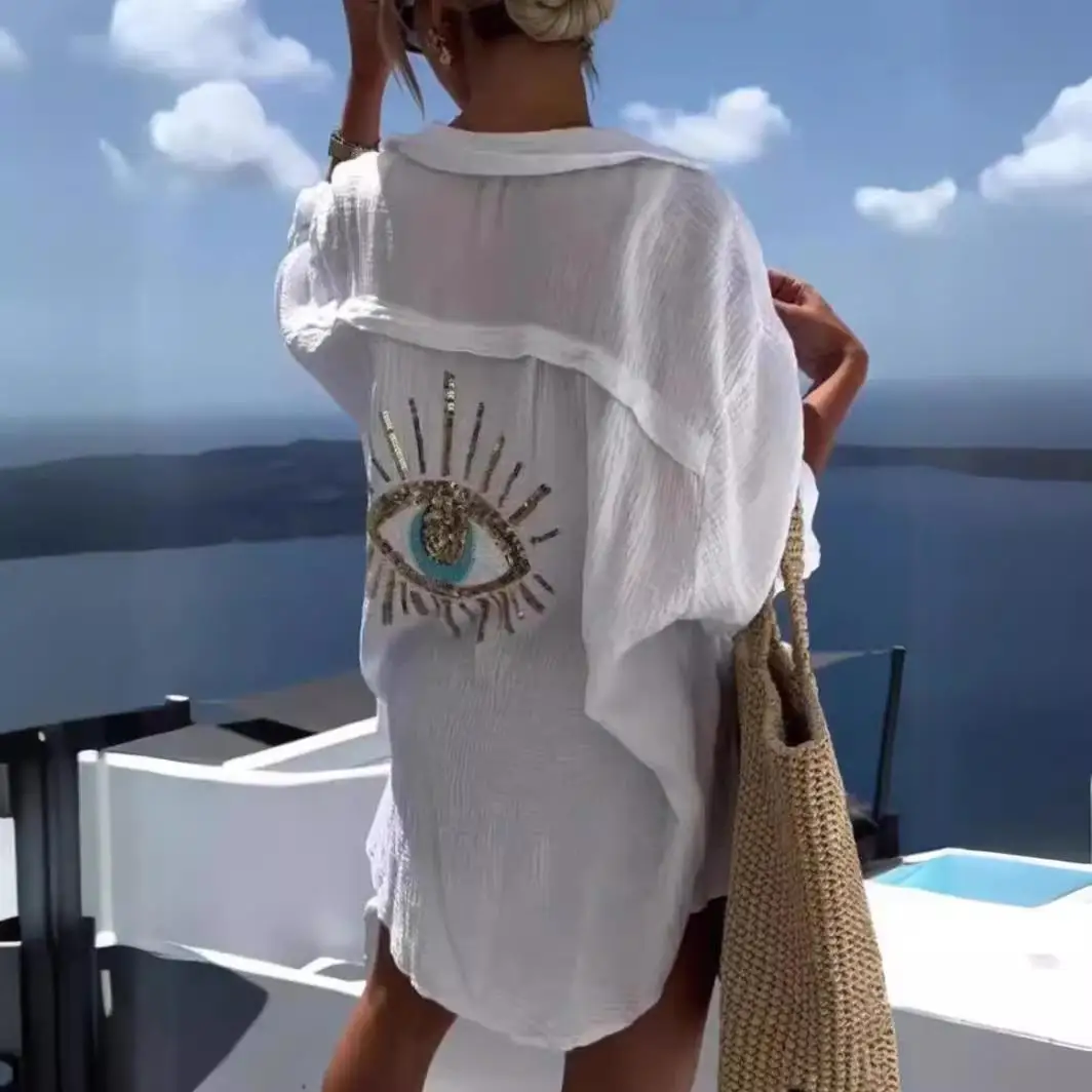 Women's Cotton Linen Long Sve irt Collarl Commute Sle Printed Regular Fit Spring Season Faion Ladies' irt