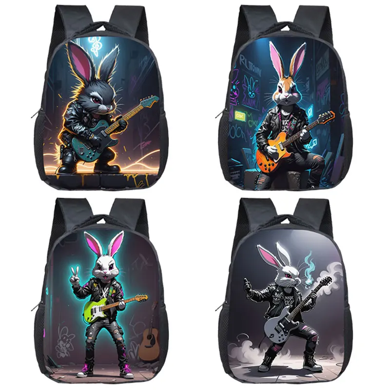 12 Inches Cool Rock Bunny Playing Guitar Backpack Rucksack School Bags for Kids Daypack Bookbag Kindergarten Toddler Bag Gift