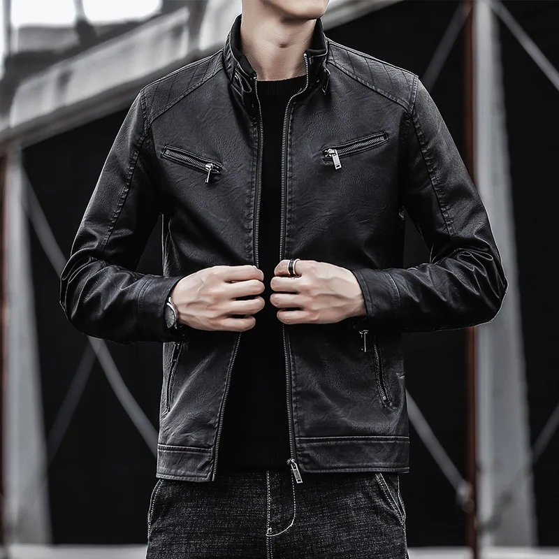 New Men's Leather Suit Jackets Stand Collar Slim Punk Coats Fashion Motorcycle Leather Jackets Men Casual Streetwear All Seasons