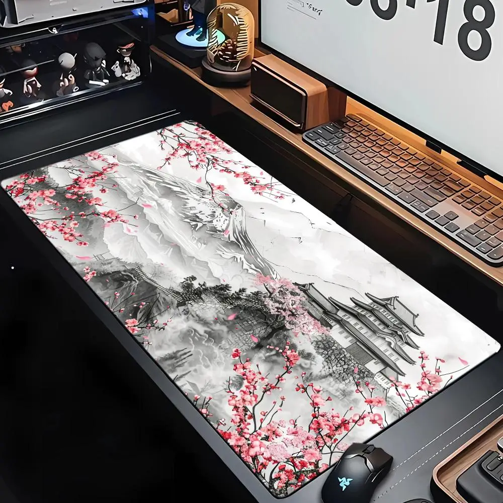 桜と富士山の水墨画マウスパッドデスクマットゲームマットゲーマーPCアクセサリーキーパッド拡張マウスパッド