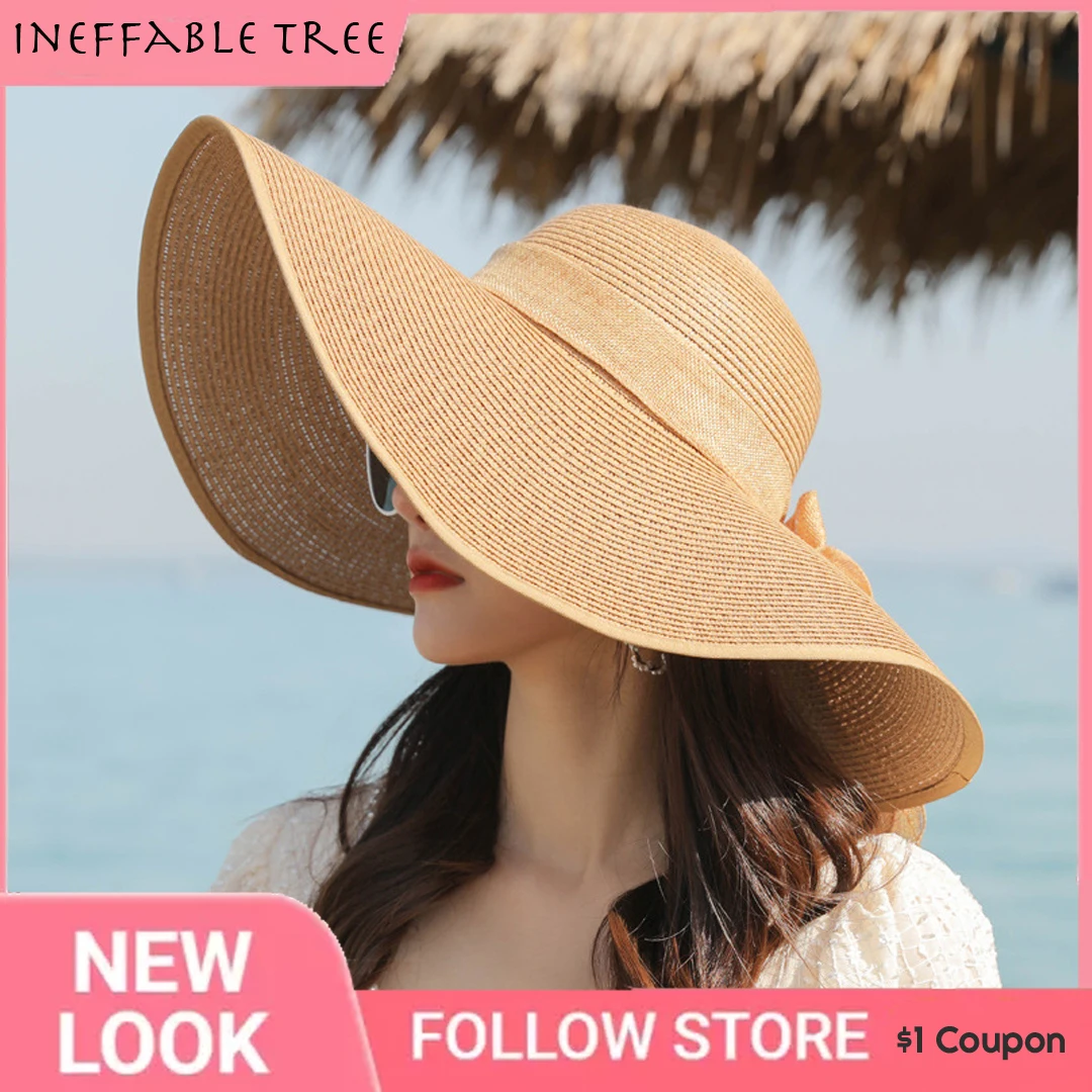 INS Handmade Weave Bow Sun Hats for Women 2023 Black Ribbon Large Brim Straw Hat Outdoor Beach Summer Caps Gorras Hombre