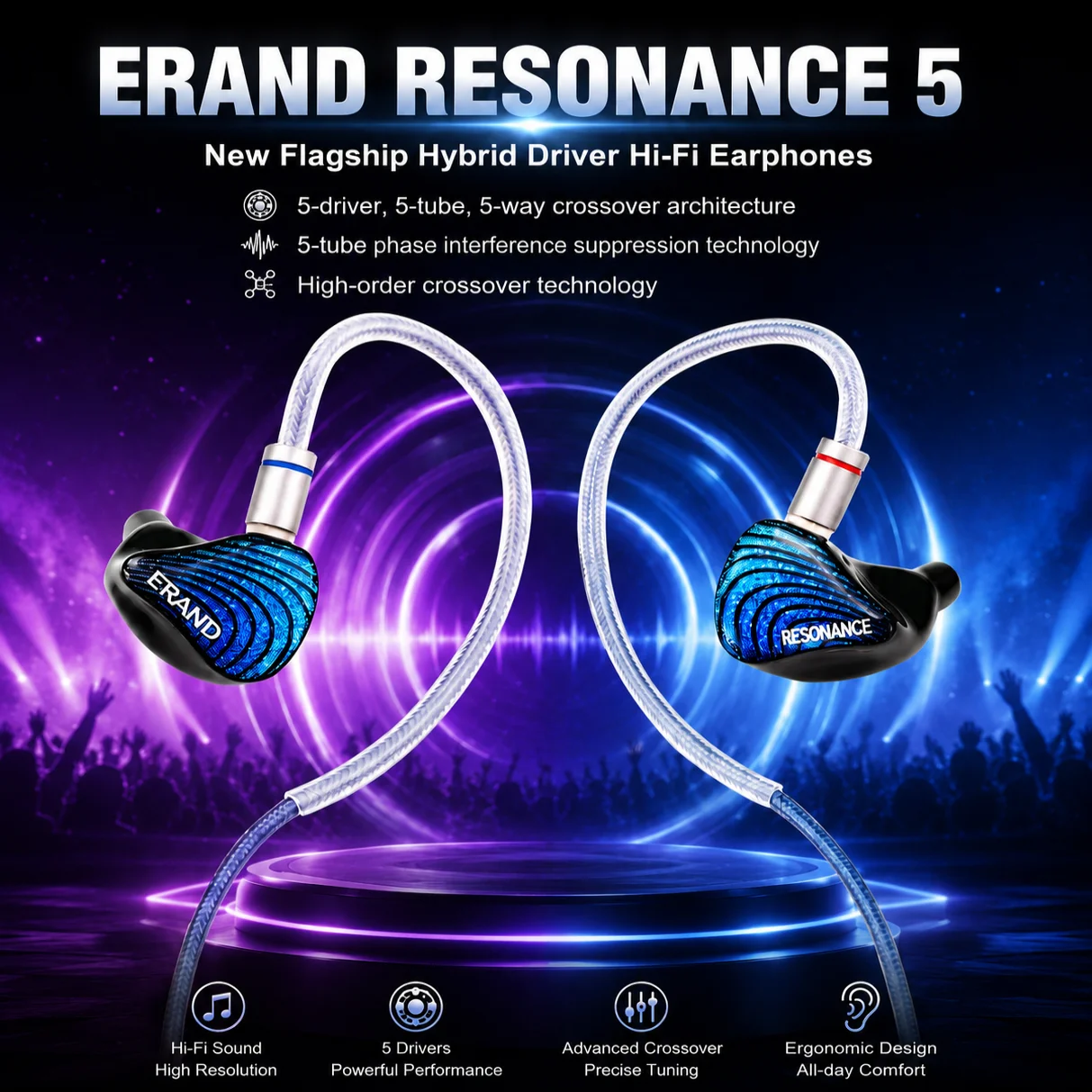 ERAND RESONANCE 5 2DD+2BA+1MP ハイブリッドIEM 5ドライバー 5チューブ 5ウェイ モニター HIFI インイヤー有線イヤホン