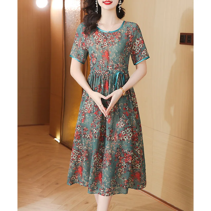 2023 New Summer Fashion Trend Temperament Round Neck Print Waist Tie Up Slim Commuting Simple Leisure Vacation Women's Dress