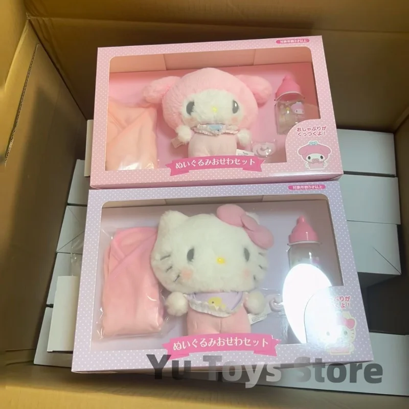 En Stock, Miniso Sanrio Hellokitty Cinnamoroll My Melody, traje de vestir para bebé, Sanrios, chupete para bebé, botella, juego de caja de peluche, juguete bonito