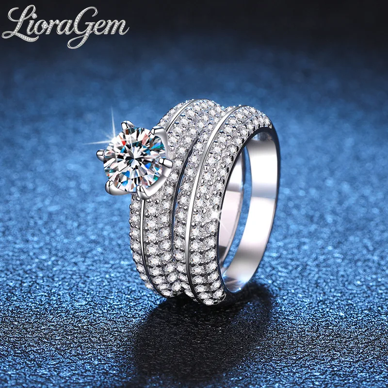 LioraGem Full Diamond High-end Couple Proposal Ring Set, 1-carat Moissanite Wedding Ring Platinum PT950 Stamp Jewelry Gifts