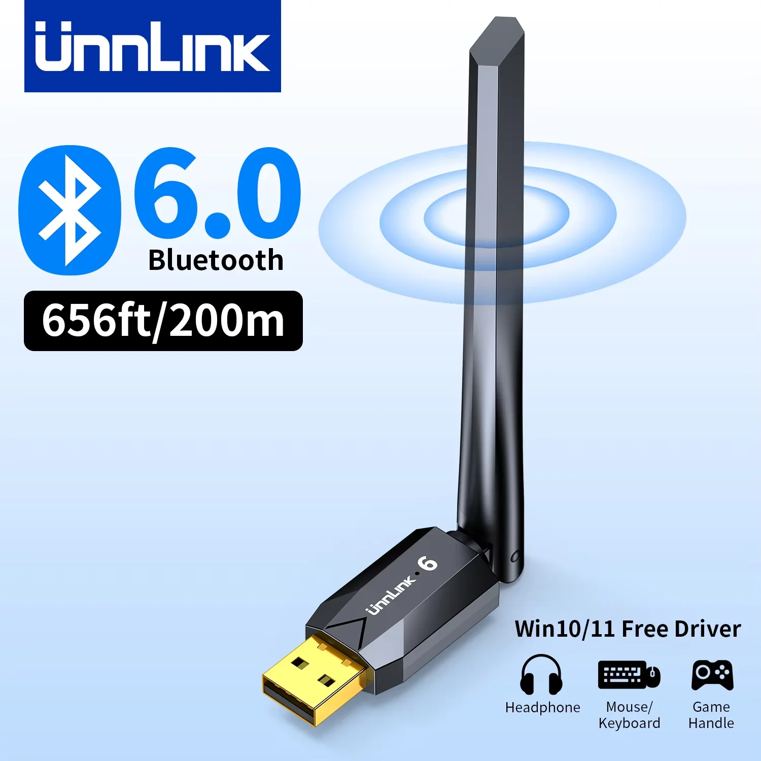 Unnlink USB Bluetooth Adapter, Bluetooth 6.0 Dongle for PC Windows 10/11, Receiver for Mice Keyboard Headphones Speakers
