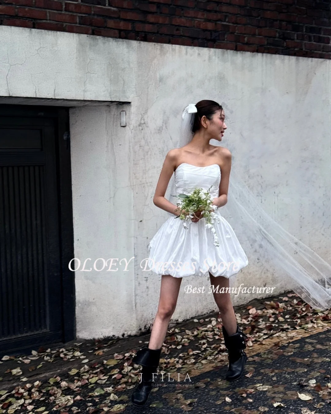 OLOEY 미니 한국 웨딩 드레스 야외 사진 촬영 짧은 신부 파티 드레스 맞춤형 사랑스러운 댄스 파티 드레스