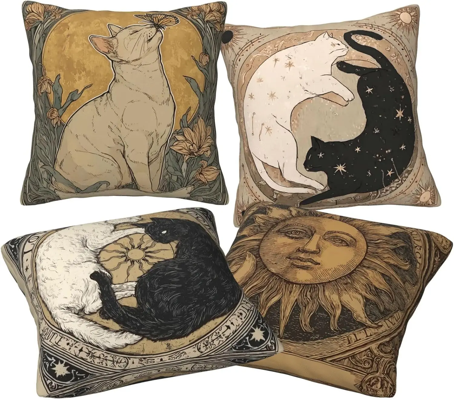 4PCS Zodiac Astrology Pillow Covers Sun Moon Cat Celestial Boho Throw Cushion Set Mystical Witchy Cosmic Home Decor Accent