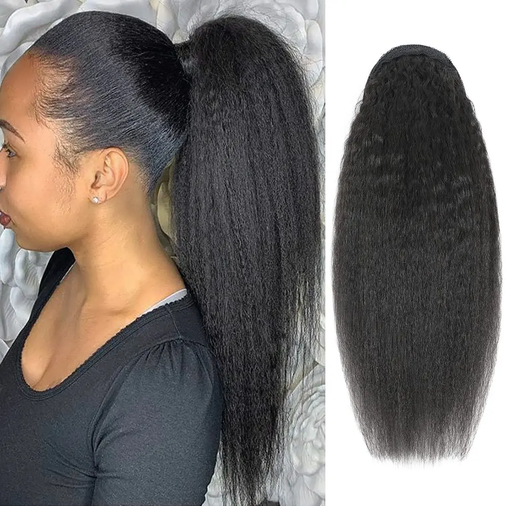 100% Human Hair Clip Ins Wrap Around Pony Tail Hairpiece Brazilian Extensions Kinky Straight Drawstring Ponytail Natural Black