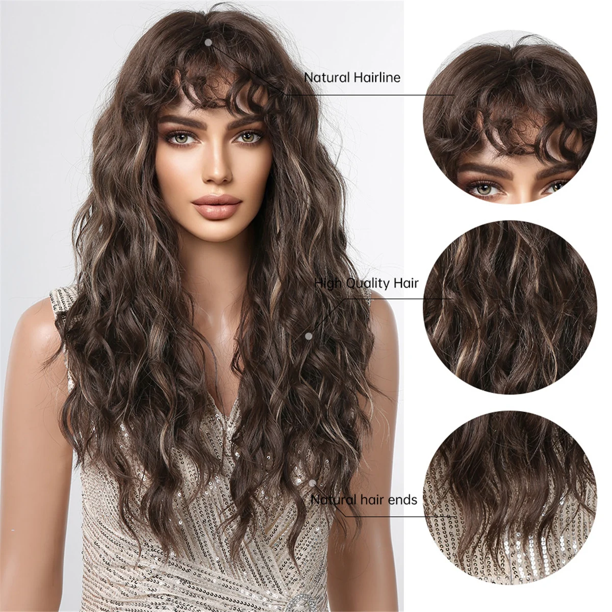 GEMMA Dark Brown Long Curly Synthetic Wig Deep Wave Cosplay Hair Wigs with Wavy Bangs for Women Daily Party Heat Resistant Fibre