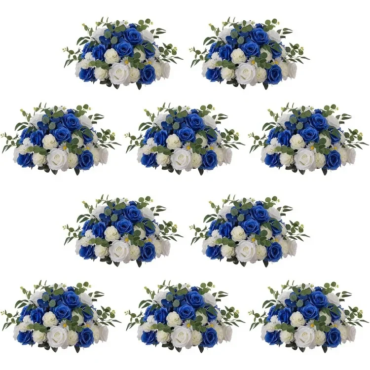 Flower Ball Arrangement Bouquet - 10 Pcs 17.7 inch Diam Royal Blue & White Fake Flowers Roses Balls for Centerpieces Tables